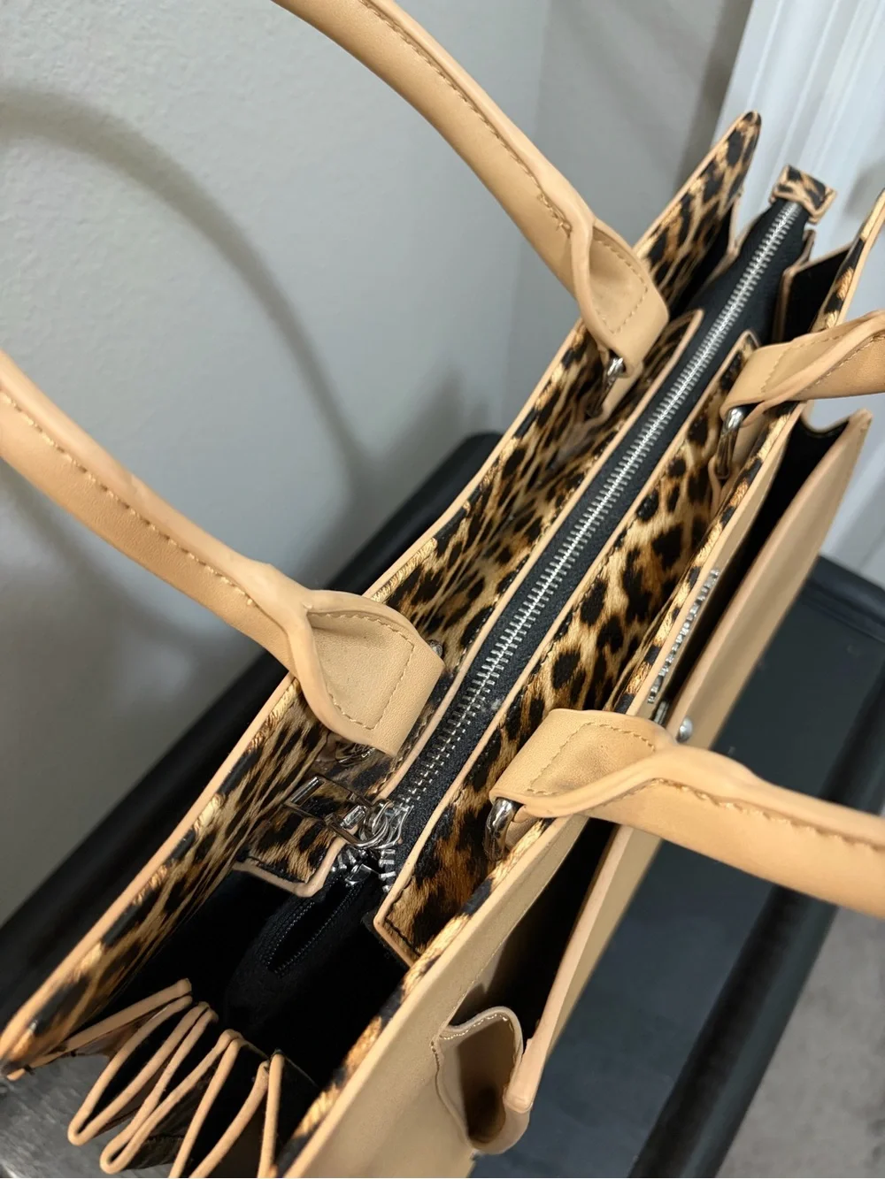 Sassy Jones Beige Satchel with Leopard Panels